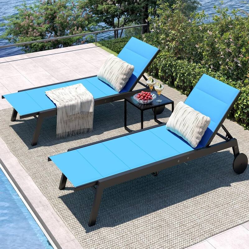Outdoor 2 Lounge Chair with 1 Side Table and Wheels Set for Backyard, Porch, Garden - Blue