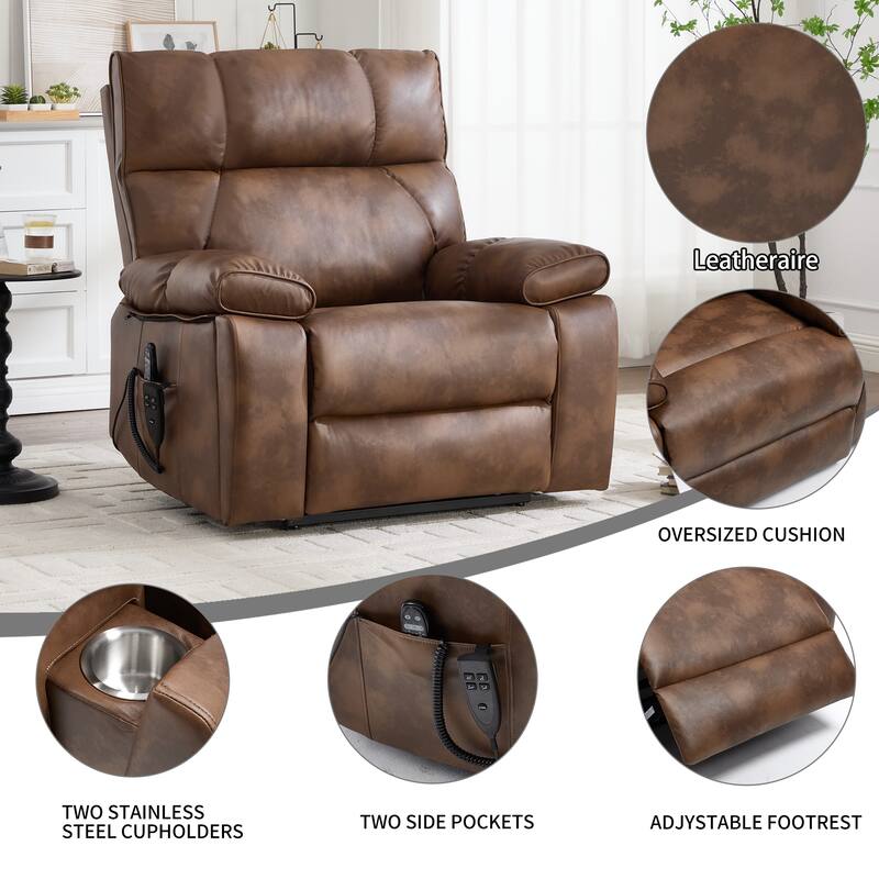 Leatheraire Heat Massage Dual Motor Infinite Position Up to 350 LBS Large Electric Power Lift Recliners with Hidden Cup Holders