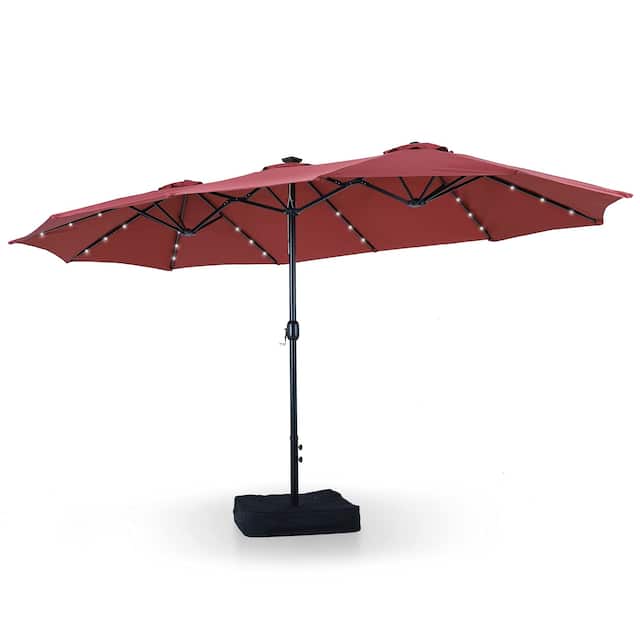 PHI VILLA 15-foot Rectangular Crank Outdoor Market Umbrella with Base Included - Dark Red+Lights