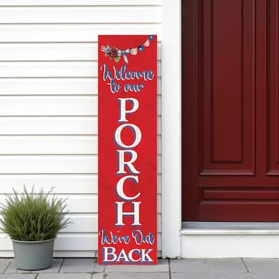 HomeRoots 36" Blue Red And White Solid Wood Welcome To Our Porch Porch Sign