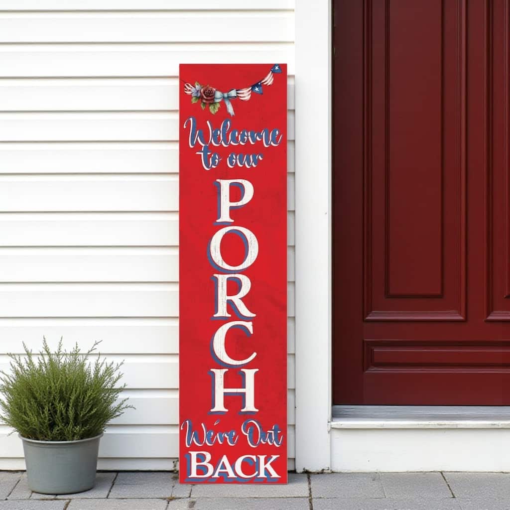 HomeRoots 36" Blue Red And White Solid Wood Welcome To Our Porch Porch Sign