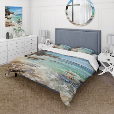 Designart "Beach Photo Ocean Escape V" Turquoise Coastal - Bedding Cover Set With Shams