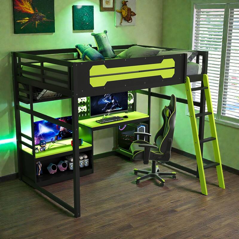 Full Size Wood Loft Bed with Desk, Shelves, LED Lights, USB Ports, Pegboard & Space-Saving Storage Design