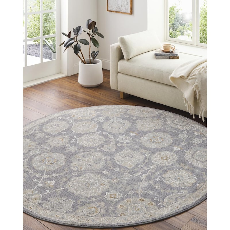 Livabliss Traditional Avant Garde Floral & Botanical Area Rug - 5'3" x 5'3" Round - Slate