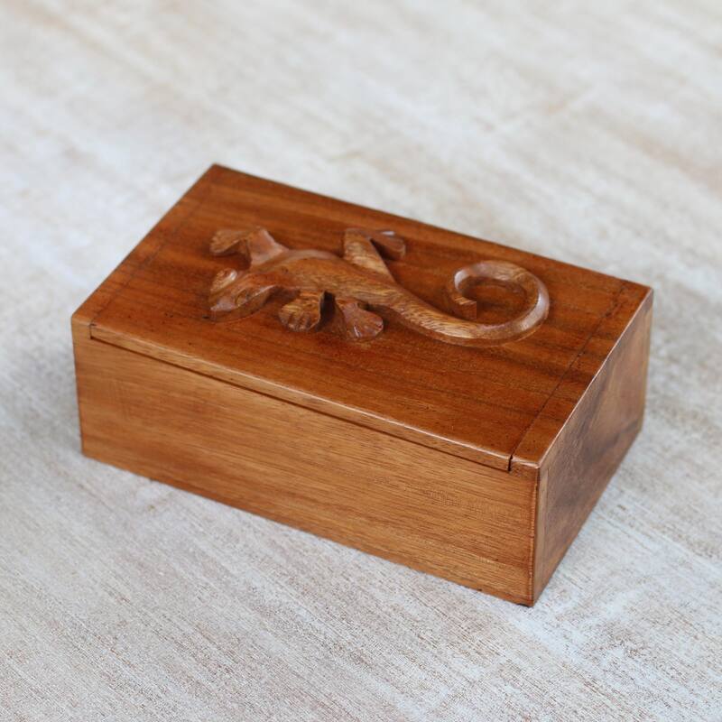 NOVICA Handmade Forest Gecko Decorative Wood Box - 3.3" H x 7.75" W x 4.7" D