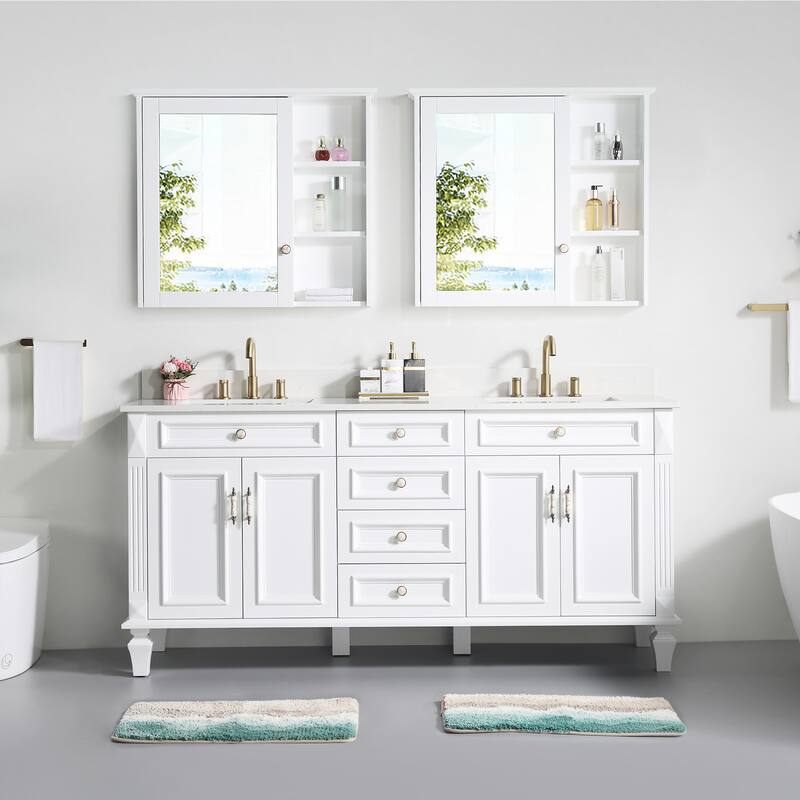 35'' H Solid Wood Bath Vanity with Stain-resistant Carrera White Quartz Top and Double Sink - White-72"W