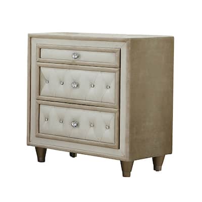 3 Drawers Velvet Nightstand in Ivory and Camel