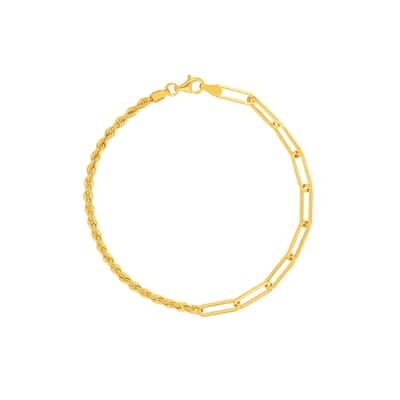 Curata 14k Yellow Gold 7.5" 5mm Double Duty Paperclip and Rope Chain Bracelet