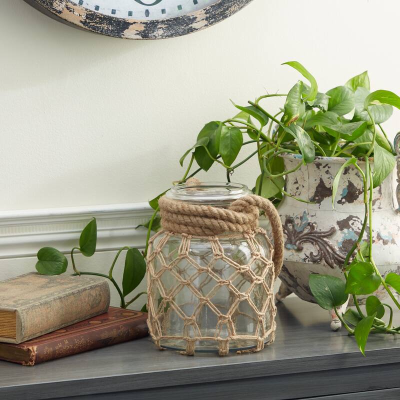 Clear Glass Candle Lantern with Rope Handle - 7 x 8 x 9