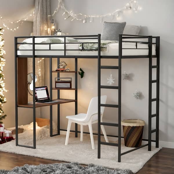 slide 2 of 19, Twin Metal Loft Bed with 2 Shelves, 2 built-in ladders and Desk, Black Black