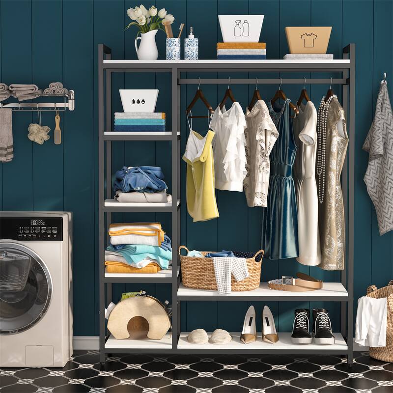 Black/ White Modern Clothes Garment Rack,Metal and Wood Closet Rack Closet Organizer System with Hanging Rod and Shelf