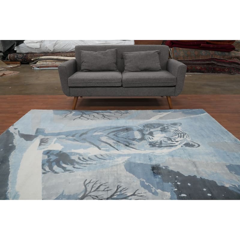 Hand Knotted Oriental Viscose Silk Carpet Modern Animal Pictorial Navy Blue & Blues Modern Area Rug - 7' 11'' X 5' 6''