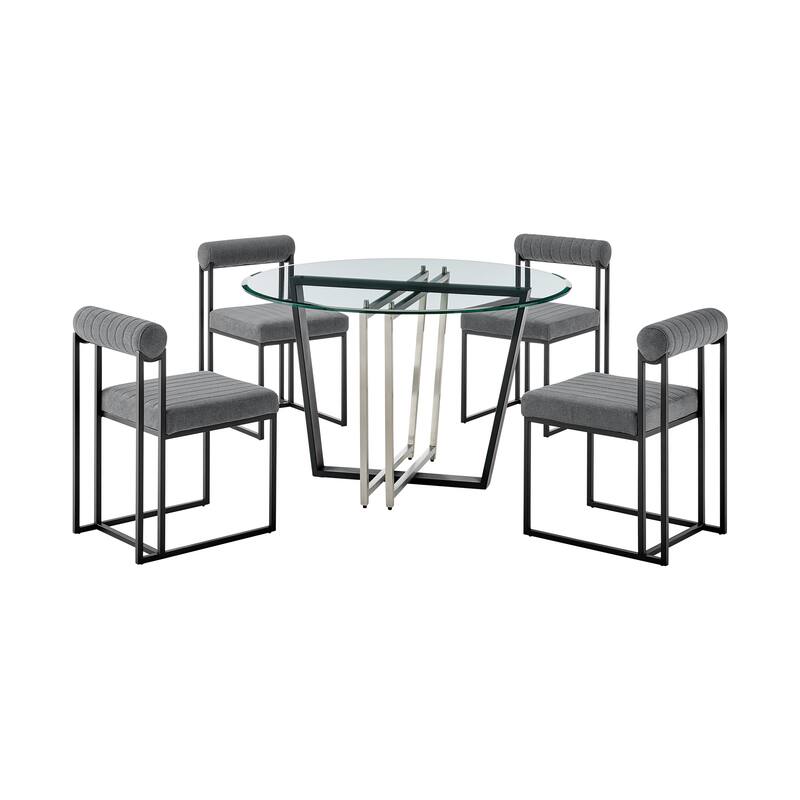 Devi Anastasia 5 Piece Round Glass Dining Table Set with Metal Frame and Upholstered Chairs