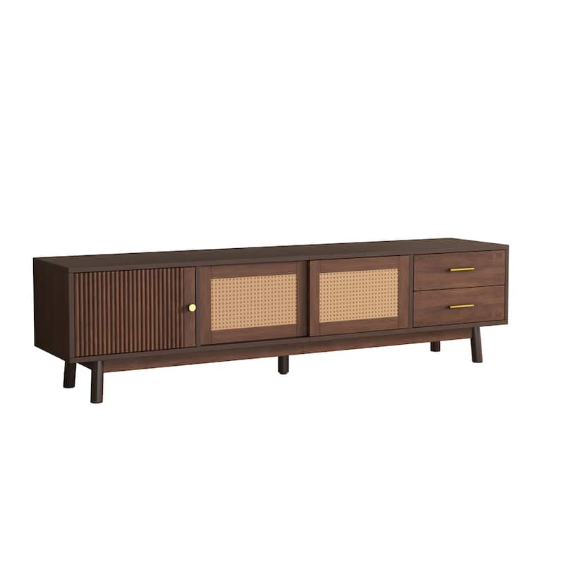 Mid Century Modern TV Stand Entertainment Center for up to 80" TVs, Rattan Sliding Doors TV Cabinet with Drawers for Living Room