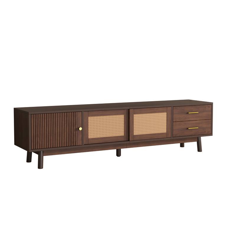 Wooden TV Stand for 80" TVs, TV Media Storage Cabinet with Rattan Sliding Doors and 2 Drawers, Rectangle TV Table Console