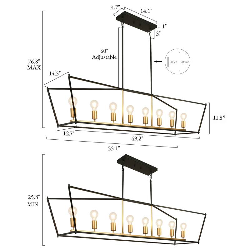 Modern Farmhouse 8-Light Geometric Chandelier Black Gold Kitchen Island Light - W 55.1" x D 14.5" x H 12.7"