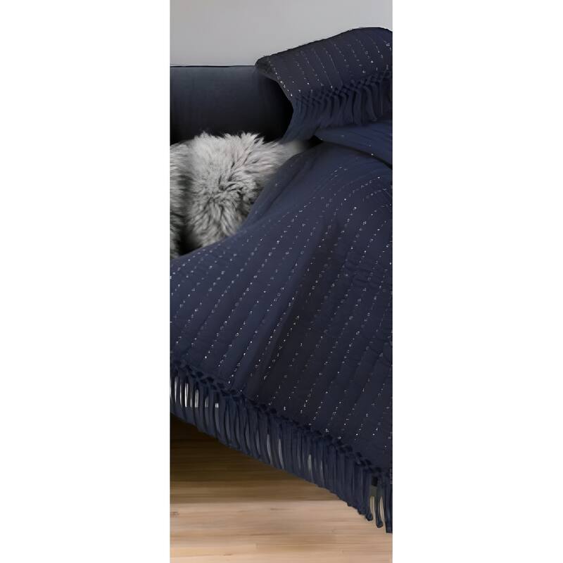 60" X 50" Blue Kantha Cotton Throw Blanket with Embroidery - Throw