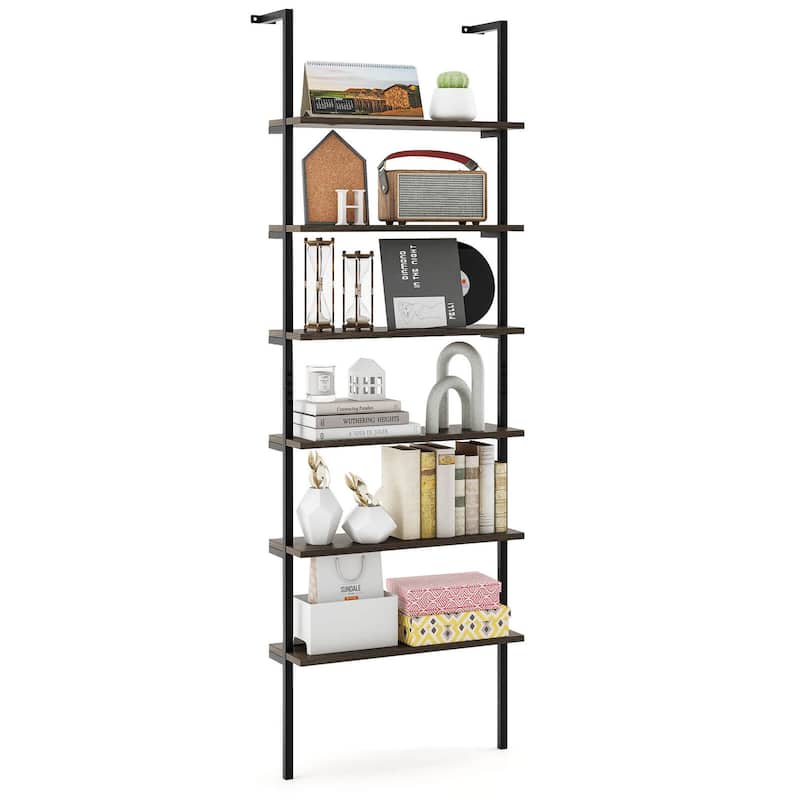 6-Tier Vertical Ladder Shelf 72" Tall Bookshelf with Metal Frame - Oak