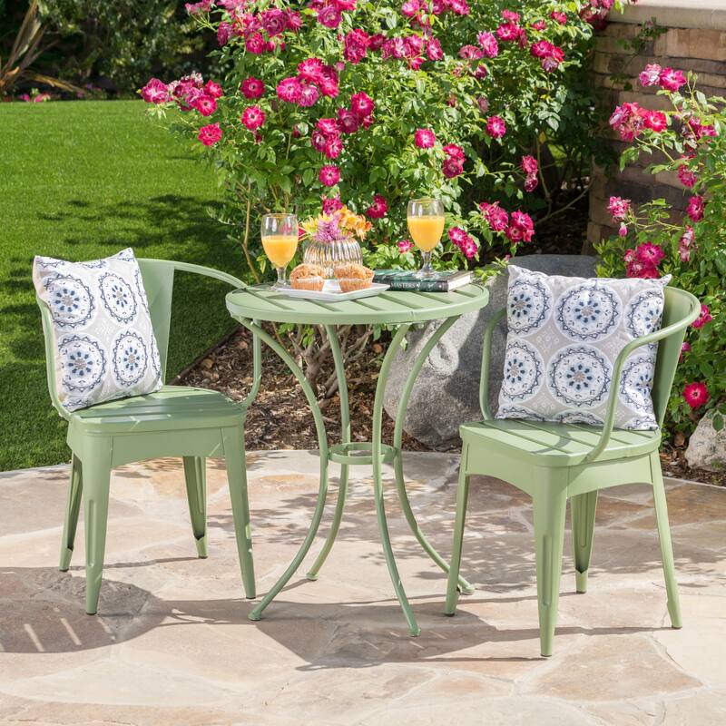 Modern 3-Piece Powder-Coated Iron Bistro Set with Round Slatted Table and Stackable Armchairs for Compact Outdoor Spaces