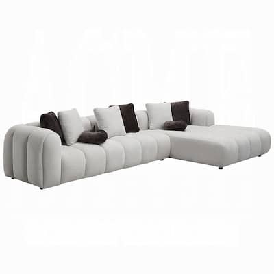 Nela Sectional Sofa, 8 Throw Pillows, Ivory White Linen, 145 Inch