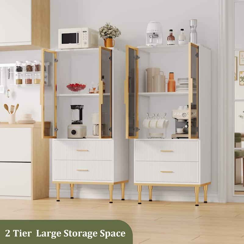 Pantry Cabinet, Freestanding Kitchen Storage Cabinet with Glass Door and 2 Drawers, Modern Kitchen Cupboard with 2