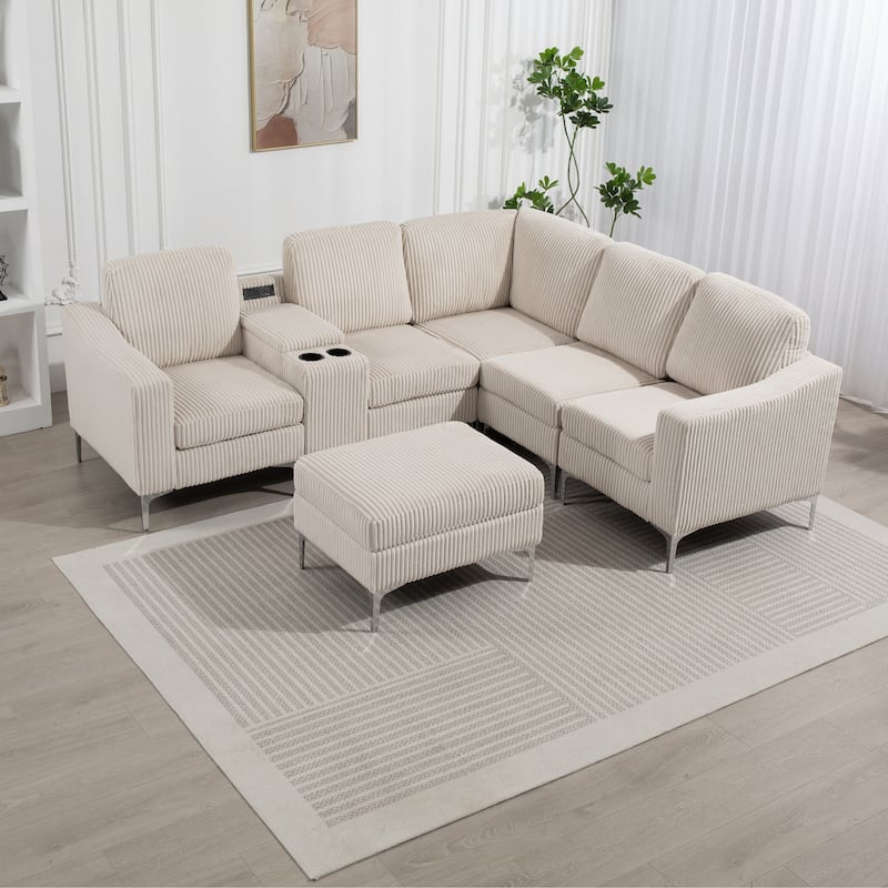 95.67" Corduroy L-Shaped Sectional Sofa with USB