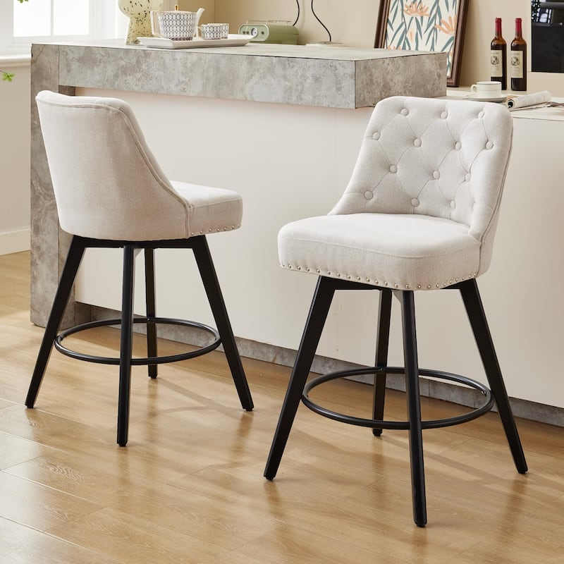 Bar Stools Set of 2, 26" Seat Height Barstools, Swivel Bar Chairs with Upholstered, Footrest, Backrest and Metal Legs - Beige