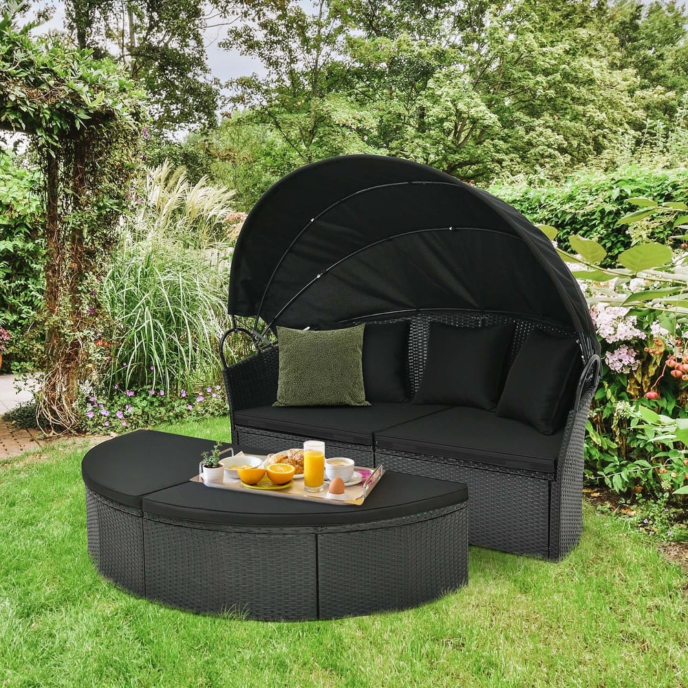 Costway Patio Round Daybed with Retractable Canopy Rattan Sectional - See Details