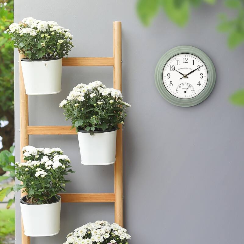 La Crosse Clock 8 In. Outdoor Sage Green Quartz Clock w/ Temp