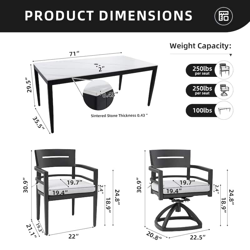 7-Piece Aluminum Dining Set - Black Marble Table 35.5"x71" with 4 Chairs and 2 Swivel Rockers, Ember Black
