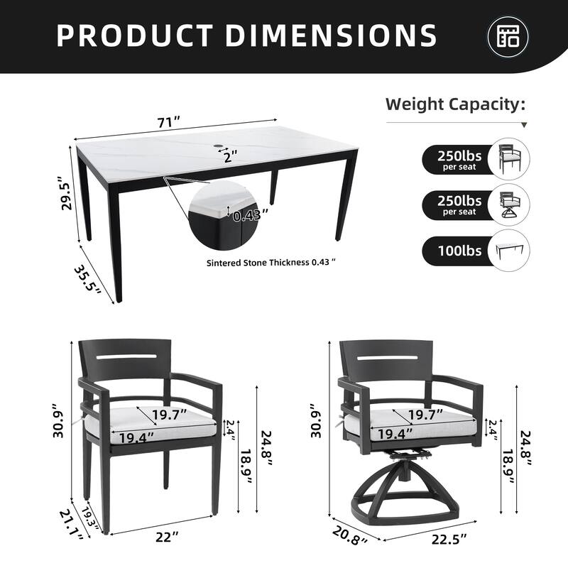 7-Piece Outdoor Patio Aluminum Dining Set with Marble-pattern Tabletop, 2 Swivel Rocker & 4 Armchairs, Umbrella Hole