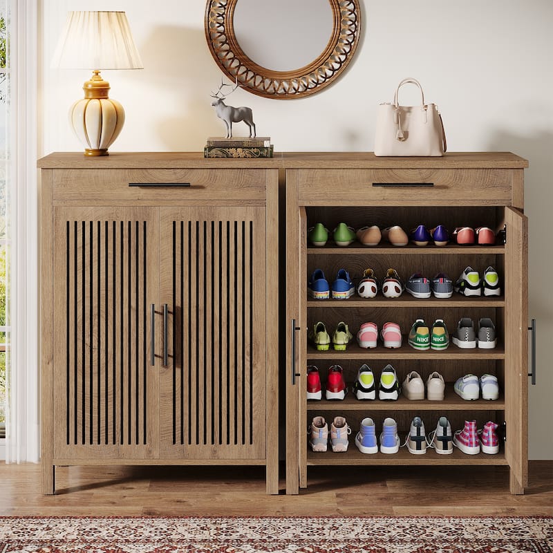 Shoe Cabinet with Louvered Doors & Drawer, Freestanding Wooden Shoe Rack for Entryway
