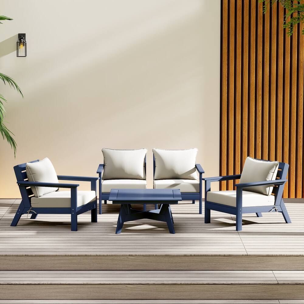 Birchwood All Weather HDPE Outdoor Patio Navy Blue Deep Seating Conversation Set (5-Piece Set)