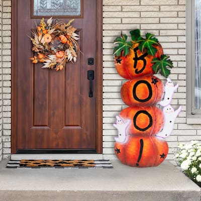 Stacked Boo Pumpkins with Ghosts Metal Halloween Porch Sign - 33"