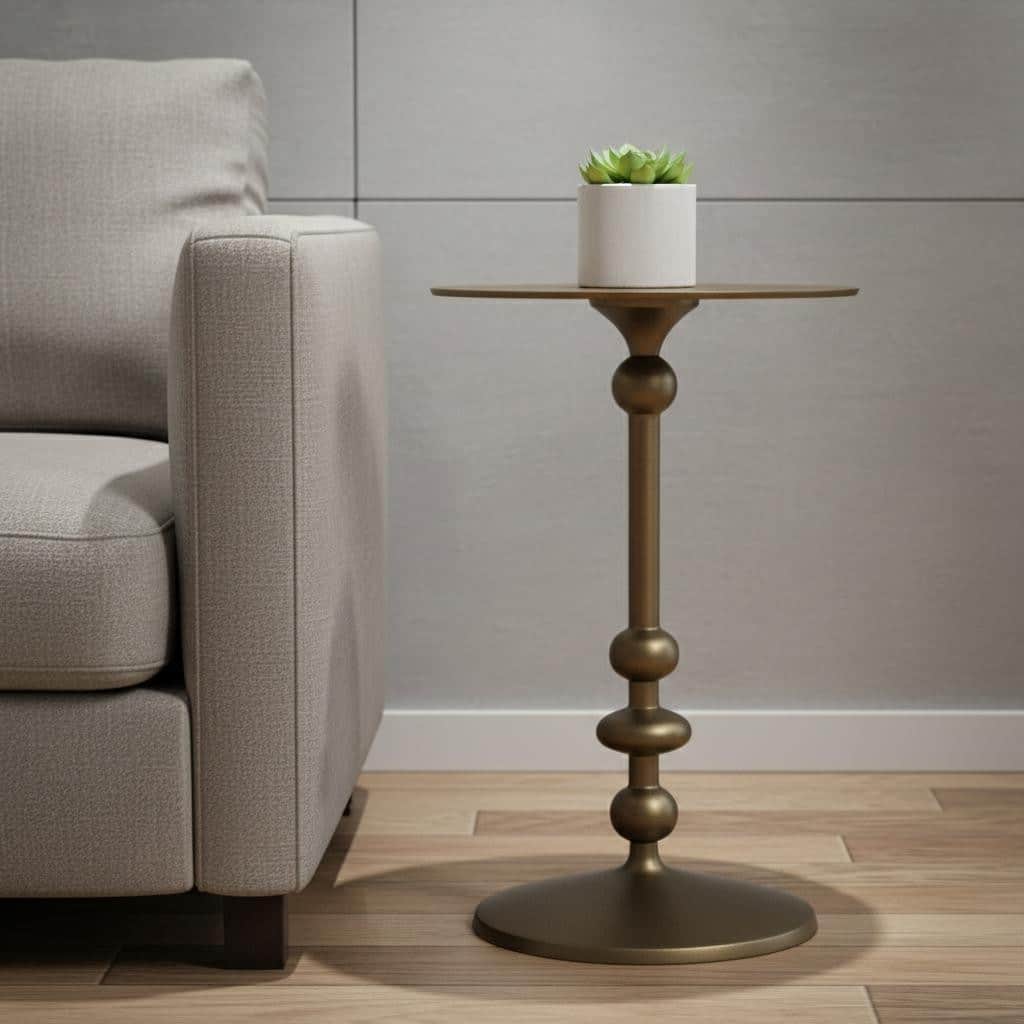 HomeRoots 19" Bronze Aluminum Round Drink Size Pedestal End Table - 12.00 in. x 19.25 in. x 12.00 in.