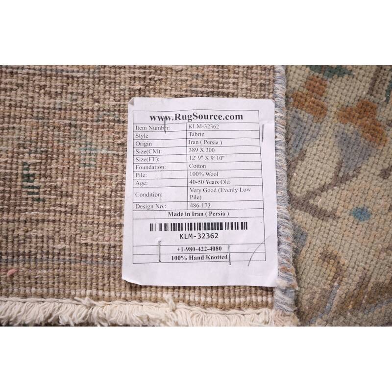 Tabriz Persian Vintage Area Rug Hand-Knotted Blue Wool Carpet - 9'10"x 12'9"