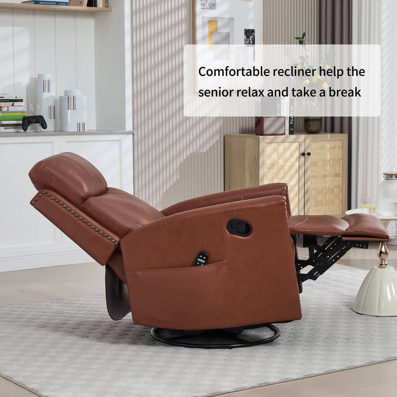 Roomfitters Genuine Leather Swivel Rocker Recliner, Manual Massage Glider with Heat and Top Grain Cowhide, Living Room
