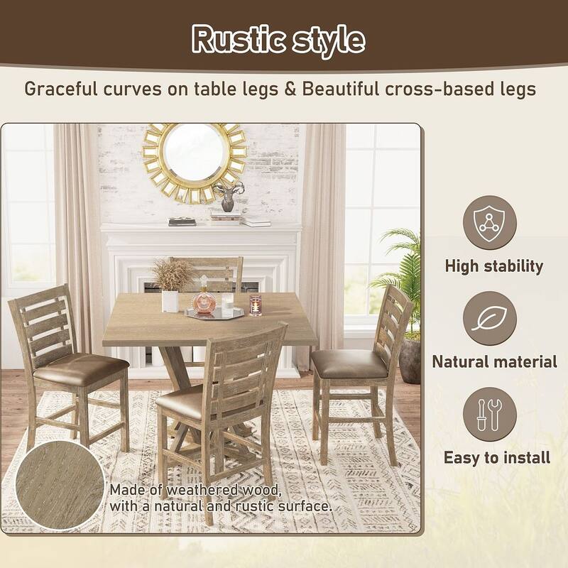 5 PCS Counter Table Set for 4 with Square Solid Wood Table