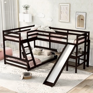 Espresso Twin over Full Bunk Bed with Twin Size Loft Bed with Desk and Slide, Full-Length Guardrail