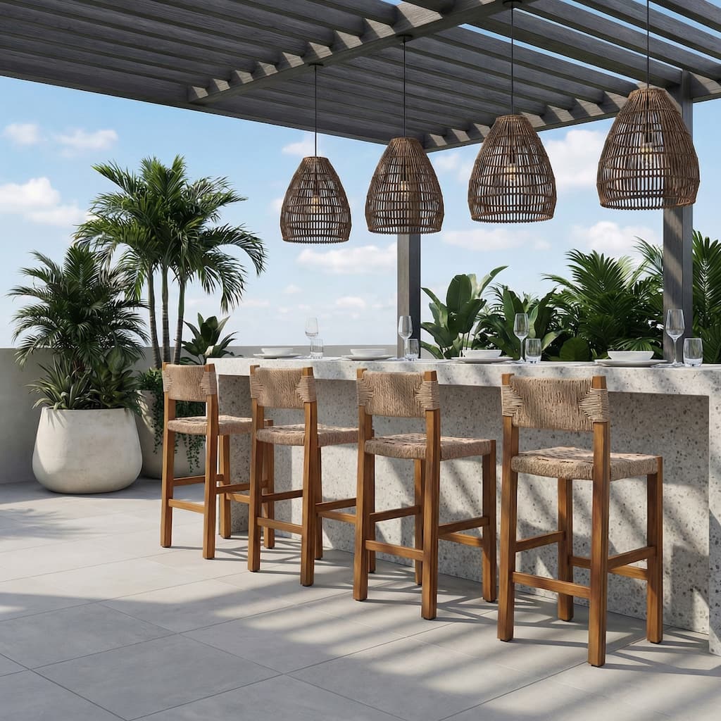 Christopher Knight Home - Modern Acacia Wood Outdoor Bar Stools with Teak Finish and Wicker Back Patio Chairs