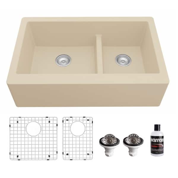 slide 10 of 67, Karran Farmhouse/Apron-Front Quartz Double Bowl Kitchen Sink Kit Bisque