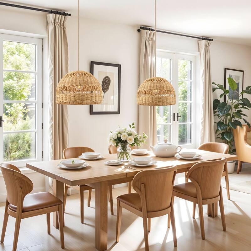 Radiant Rattan Pendant Light - Natural Dome 1-Light Handwoven Light Fixture For Modern, Transitional, Farmhouse Room Decor