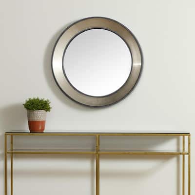 HomeRoots 22" Champagne And Dark Brown Metal And Solid Wood Round Framed Accent Mirror - 21.85 in. x 21.85 in. x 2.36 in.