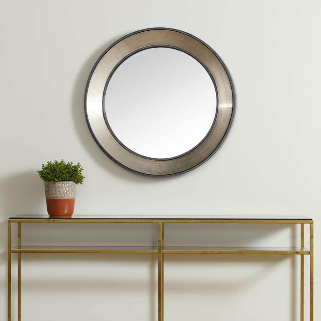 HomeRoots 22" Champagne And Dark Brown Metal And Solid Wood Round Framed Accent Mirror - 21.85 in. x 21.85 in. x 2.36 in.