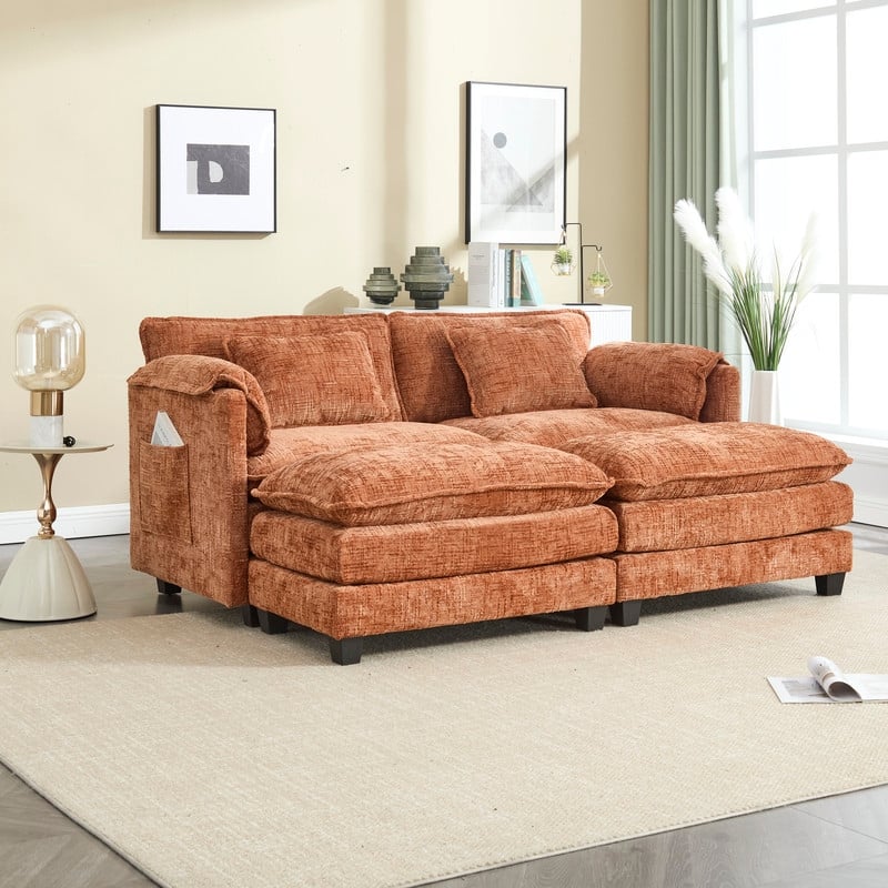 76.77" Chenille Upholstered Sofa with 2 Ottomans