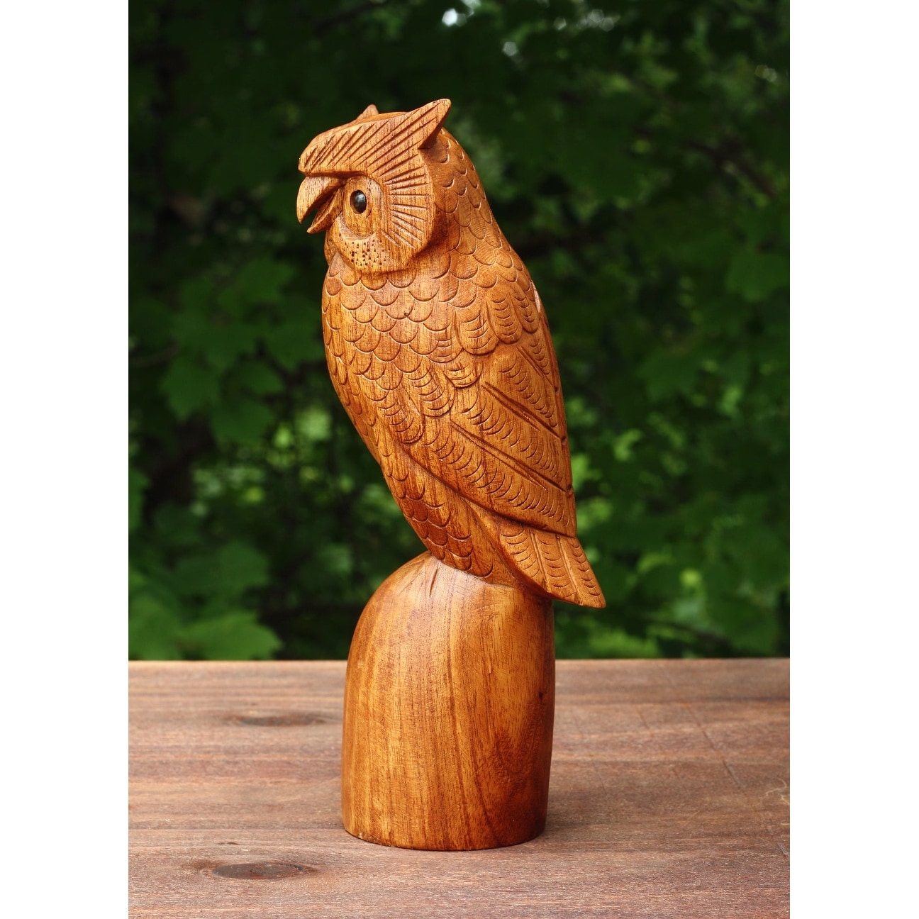 Wooden Handmade Owl Standing on a Tree Branch Statue Figurine Handcrafted Art Home Decor Hoot Sculpture Hand Carved Accent
