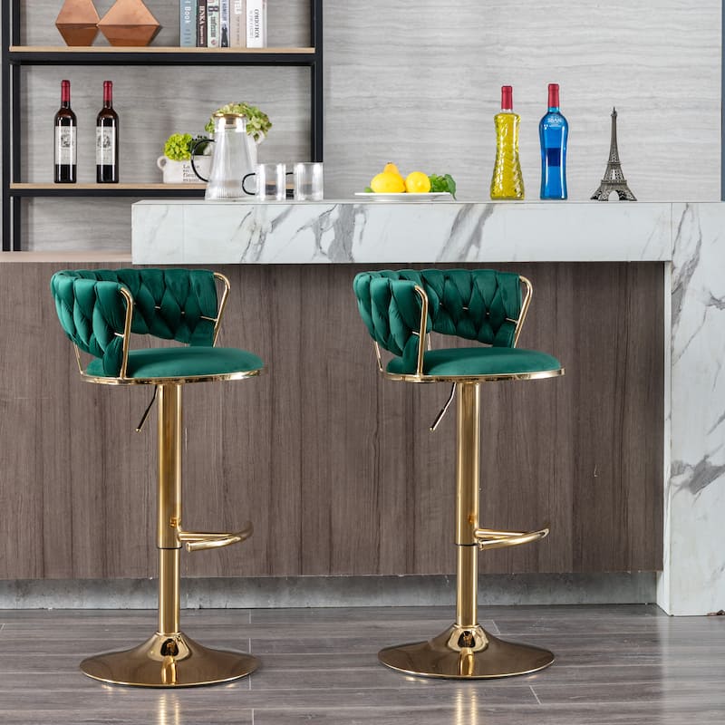Set of 2 Adjustable Swivel Bar Stools, Green Velvet with Chrome Footrest & Gold Legs