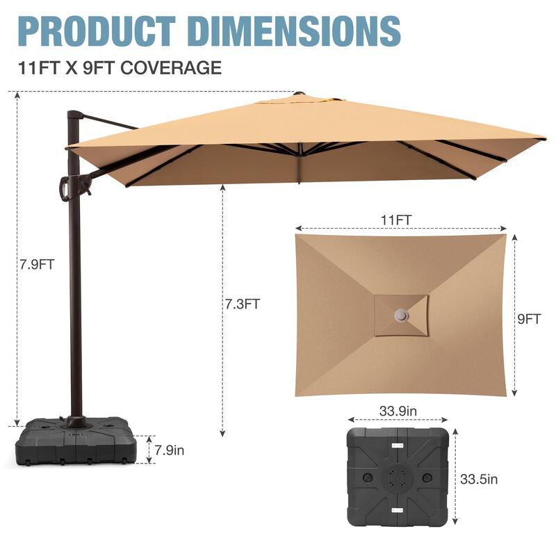 Outdoor 9 x 11 Ft Cantilever Patio Umbrella 360 Degree Rotation with HDPE Base