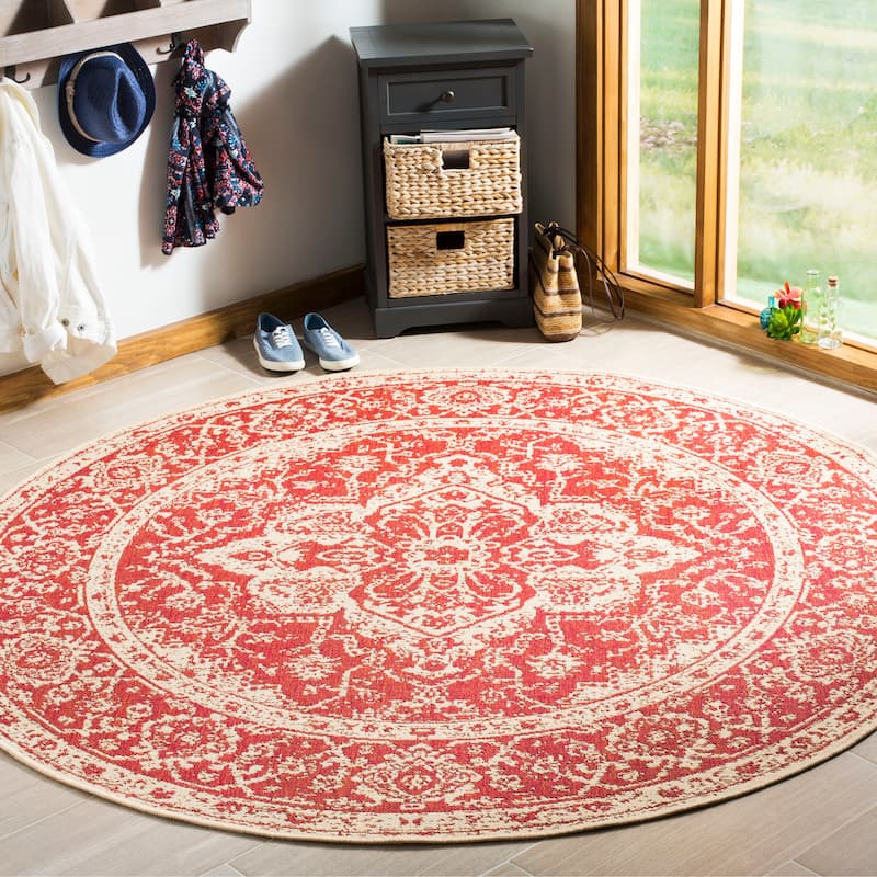 SAFAVIEH Linden Louann Indoor/ Outdoor Waterproof Patio Backyard Rug - 4' Round - Red/Creme