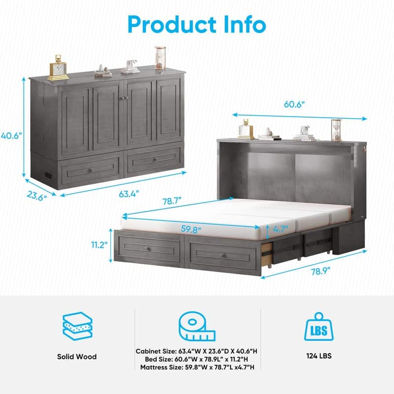 Mixoy Queen Modern Murphy Bed Chest with Mattress and Storage Drawer